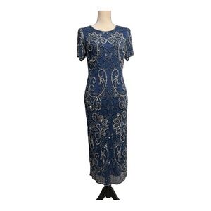 Pisarro Nights Blue Midi with Embellish Beaded Illusion Neck Dress Size 8